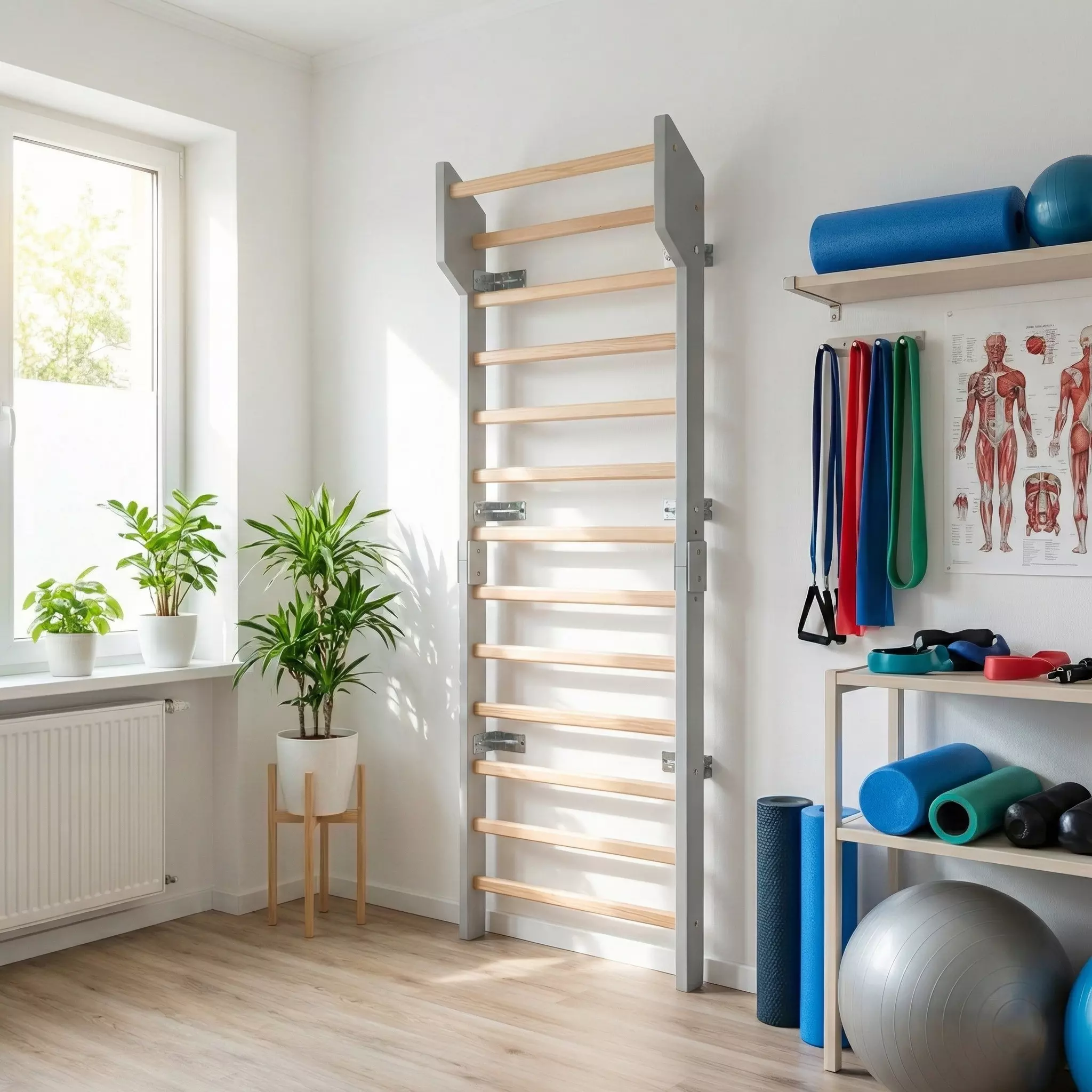 Espalier design gris et bois BarinToys, matériel de réadaptation fonctionnelle pour patients souffrant d'obésité.